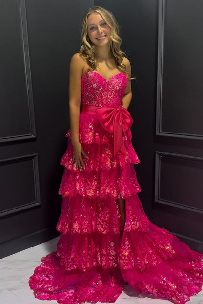 Robes de bal longues en tulle rose coupe trapèze, bustier en cœur, à volants, avec paillettes