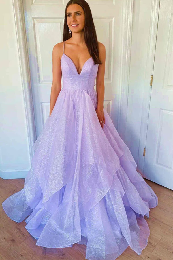 Sparkly Lavender Tiered Tulle A-line Princess Prom Dresses, Evening Gown,BD930805