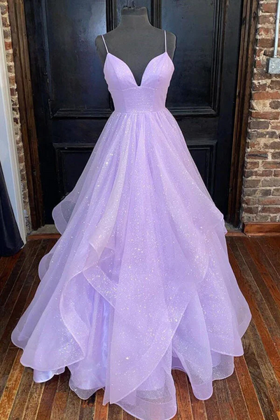 Sparkly Lavender Tiered Tulle A-line Princess Prom Dresses, Evening Gown,BD930805