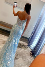 Mermaid Sequin Light Blue Spaghetti Straps Sweep Train Prom Dresses