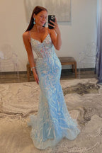 Mermaid Sequin Light Blue Spaghetti Straps Sweep Train Prom Dresses