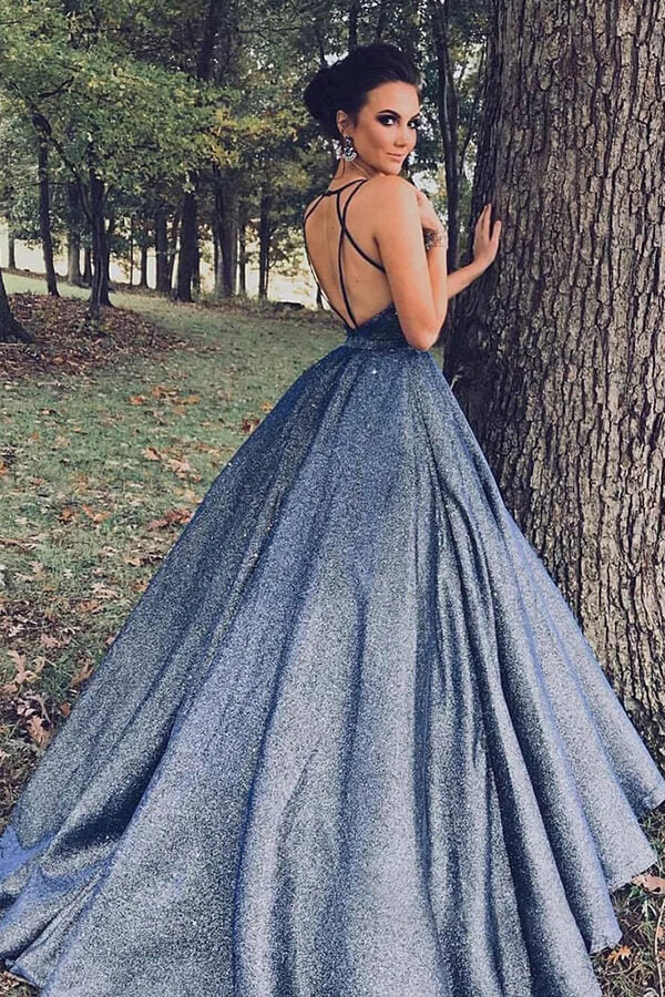 blue grey prom dress Sparkly Navy Blue Ball Gown V-neck Prom Dresses, Long Formal Dresses –  luladress