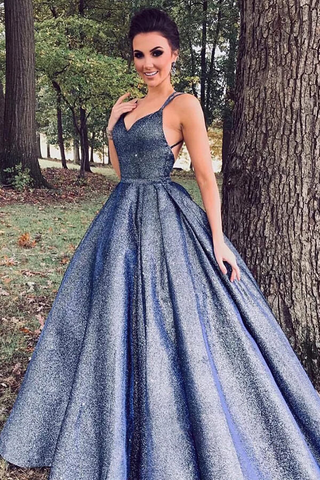 Sparkly Navy Blue Ball Gown V-neck Prom Dresses, Long Formal Dresses,BD930795