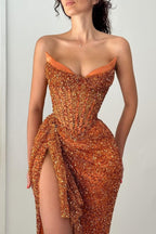 Orange Mermaid Strapless Lace Up Long Sequin Party Dresses
