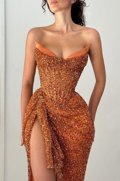 Robes de soirée longues à paillettes dos nu en dentelle sirène orange