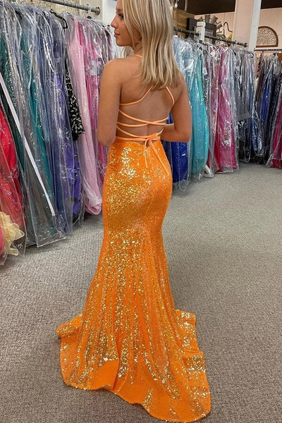 Sparkly Orange Sequins Mermaid V-neck Prom Dresses, Long Formal Dresses,BD930792