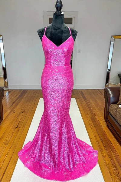 Sparkly Orange Sequins Mermaid V-neck Prom Dresses, Long Formal Dresses,BD930792