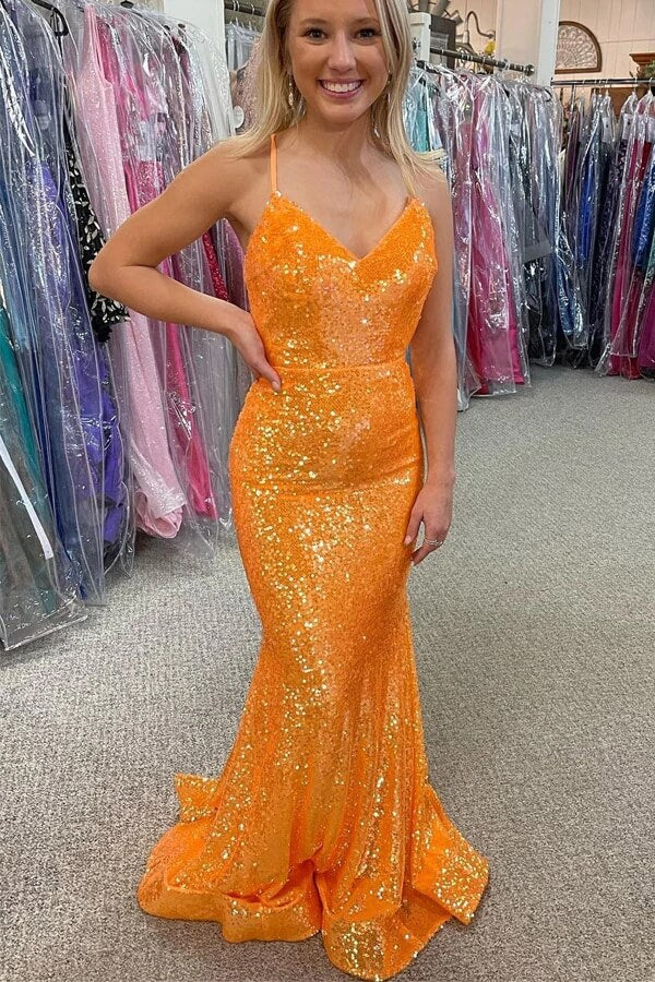 Sparkly Orange Sequins Mermaid V-neck Prom Dresses, Long Formal Dresses,BD930792
