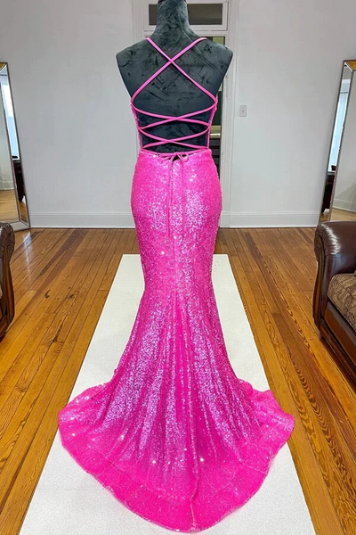 Sparkly Orange Sequins Mermaid V-neck Prom Dresses, Long Formal Dresses,BD930792