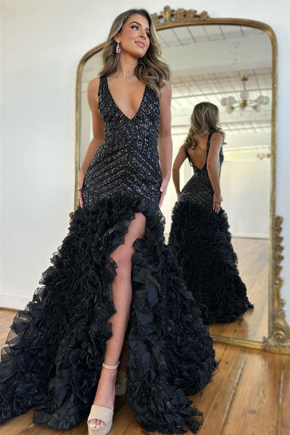 Robe de soirée longue noire sirène à sequins avec décolleté en V