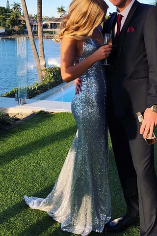Sparkly Silver Sequins Backless Long Mermaid Prom Dresses, Evening Gown