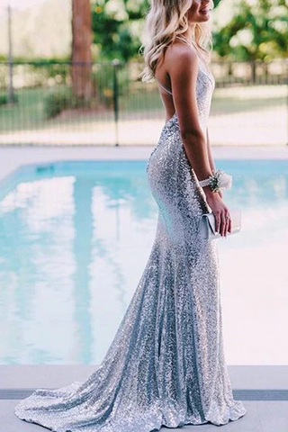 Sparkly Silver Sequins Backless Long Mermaid Prom Dresses, Evening Gown,BD930808