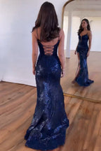 Sparkly Spaghetti Straps Lace Up Long Sequin Corset Prom Dresses