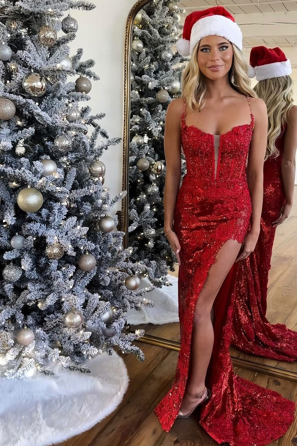 Sparkly Spaghetti Straps Lace Up Long Sequin Corset Prom Dresses