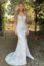 Sparkly Spaghetti Straps Lace Up Long Sequin Corset Prom Dresses