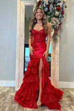 Mermaid Sweetheart Dark Red Satin Tiered Prom Dresses