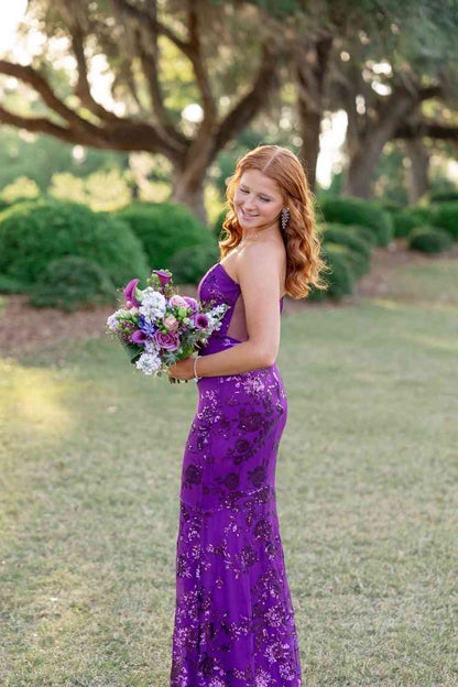 Robes de bal longues sirène sans bretelles à paillettes violettes