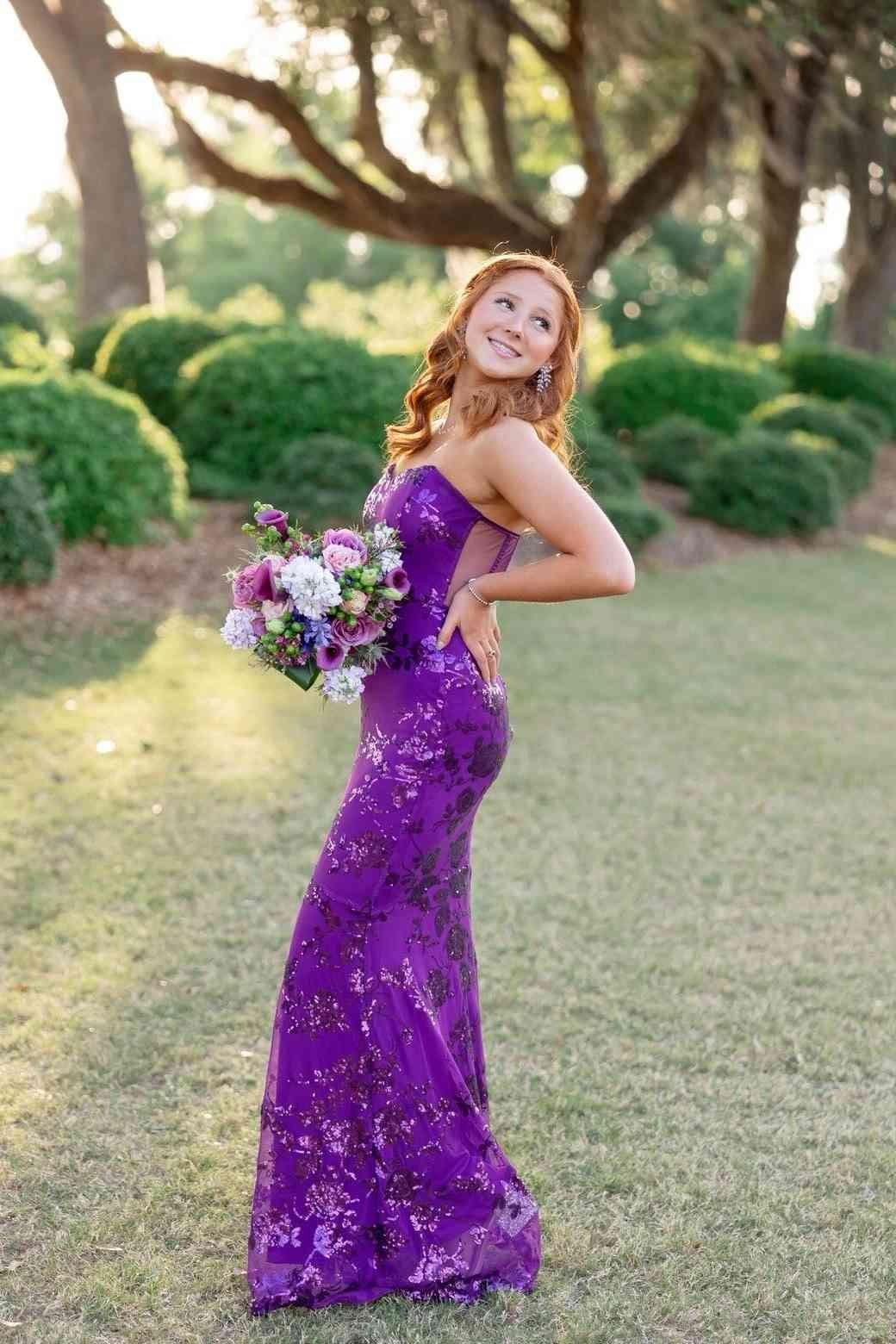 Robes de bal longues sirène sans bretelles à paillettes violettes