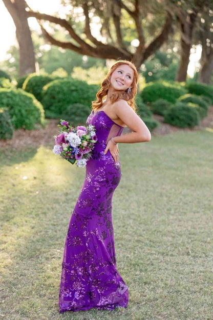 Robes de bal longues sirène sans bretelles à paillettes violettes
