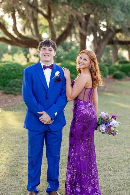 Robes de bal longues sirène sans bretelles à paillettes violettes