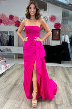 Strapless Ruched Maxi Magenta Prom Dresses