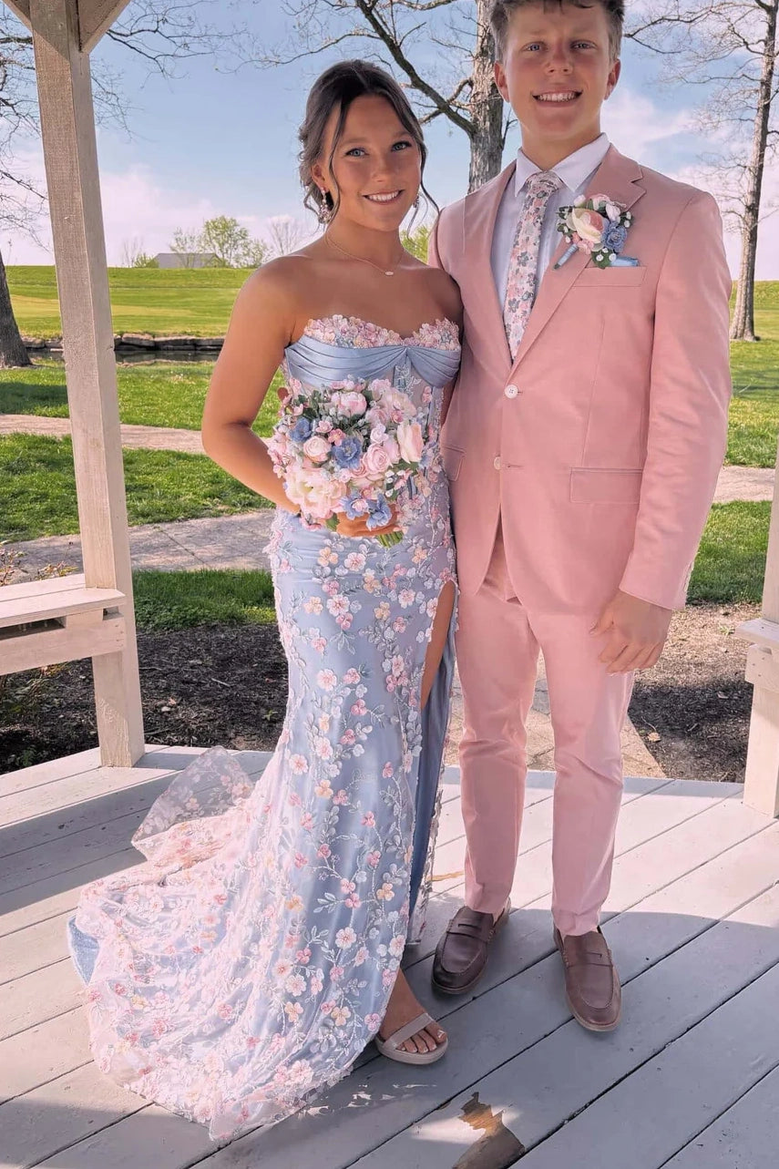 Strapless Sweetheart Lace Appliques Floral Mermaid Long Prom Dresses