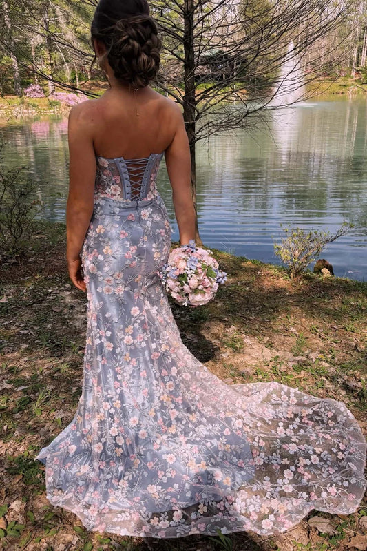 Strapless Sweetheart Lace Appliques Floral Mermaid Long Prom Dresses