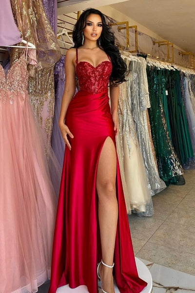 Straps Burgundy Sweetheart High Split Floor length A-line Prom Dresses