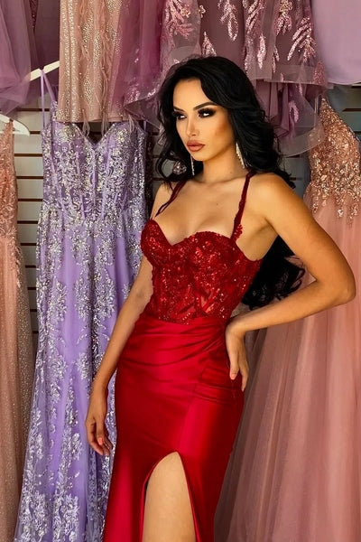 Straps Burgundy Sweetheart High Split Floor length A-line Prom Dresses