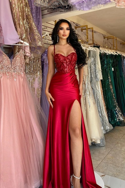 Straps Burgundy Sweetheart High Split Floor length A-line Prom Dresses