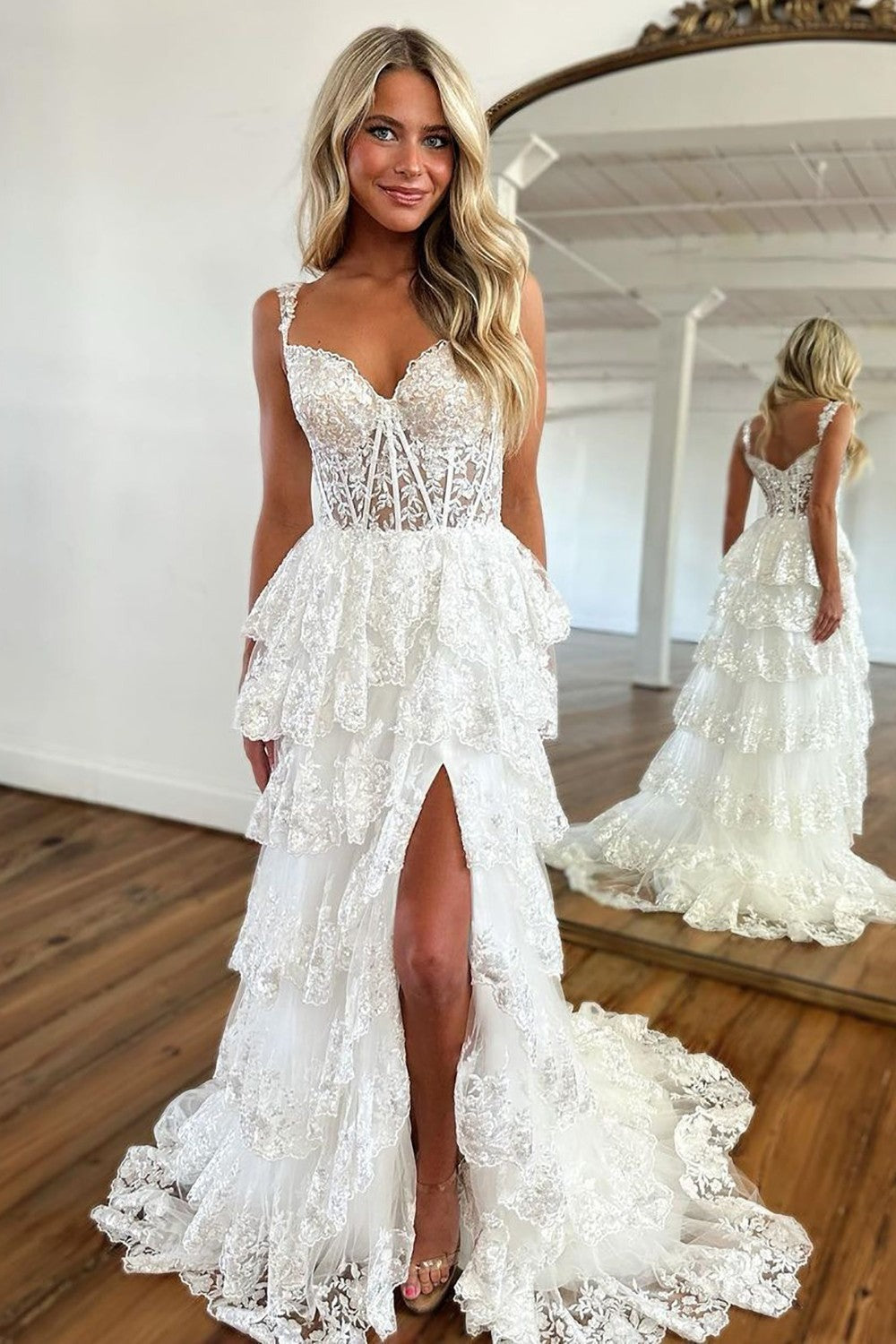 A-Line Off The Shoulder Long Tiered Lace Prom Dresses