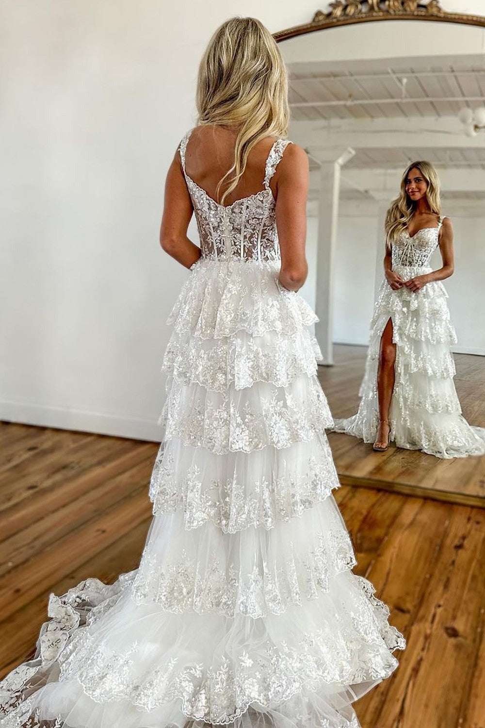 A-Line Off The Shoulder Long Tiered Lace Prom Dresses