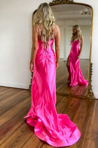 Hot Pink Mermaid Lace Up Long Satin Prom Dress