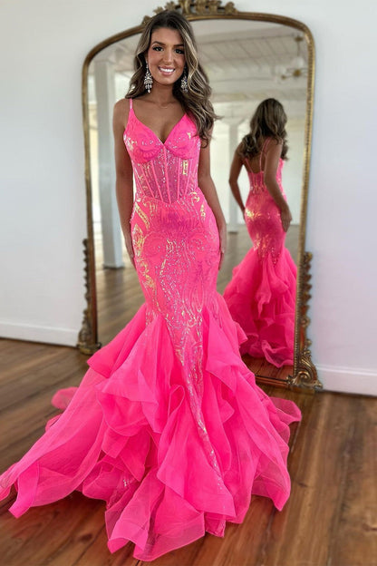 Robe de bal longue sirène à fines bretelles en sequins rose vif