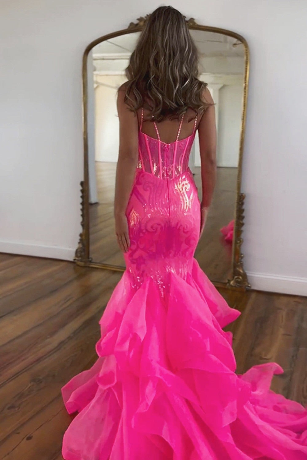 Hot Pink Sequin Long Mermaid Spaghetti Straps Prom Dress
