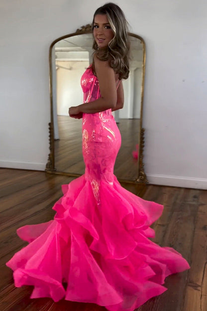 Robe de bal longue sirène à fines bretelles en sequins rose vif