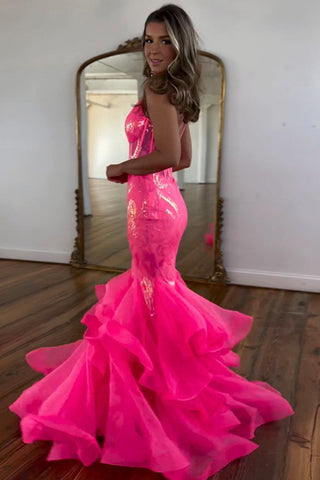 Hot Pink Sequin Long Mermaid Spaghetti Straps Prom Dress
