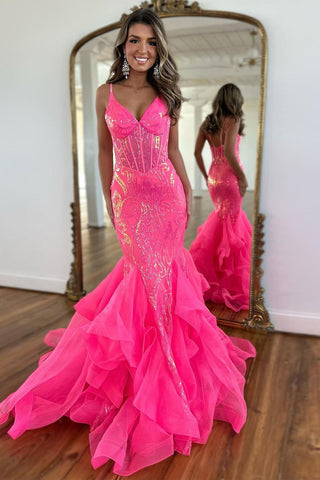 Hot Pink Sequin Long Mermaid Spaghetti Straps Prom Dress