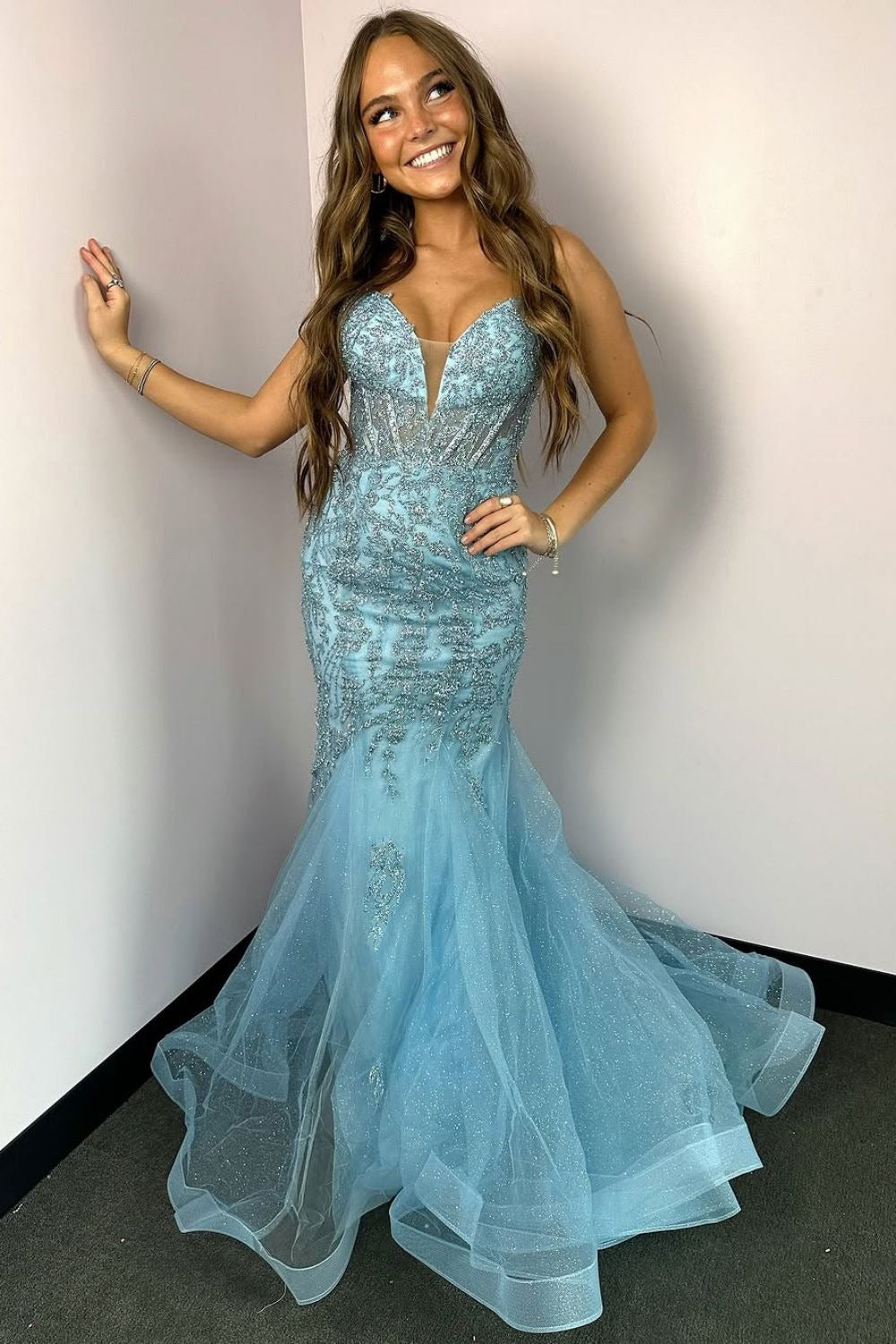 Light Blue Tulle Mermaid Spaghetti Straps Long Prom Dresses