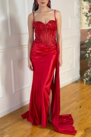 Stunning Mermaid Spaghetti Straps Long Glitter Satin Prom Dresses