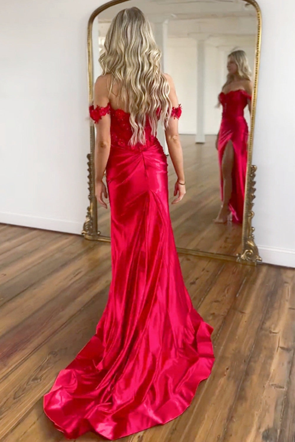 Red Satin Mermaid Off The Shoulder Long Prom Dresses