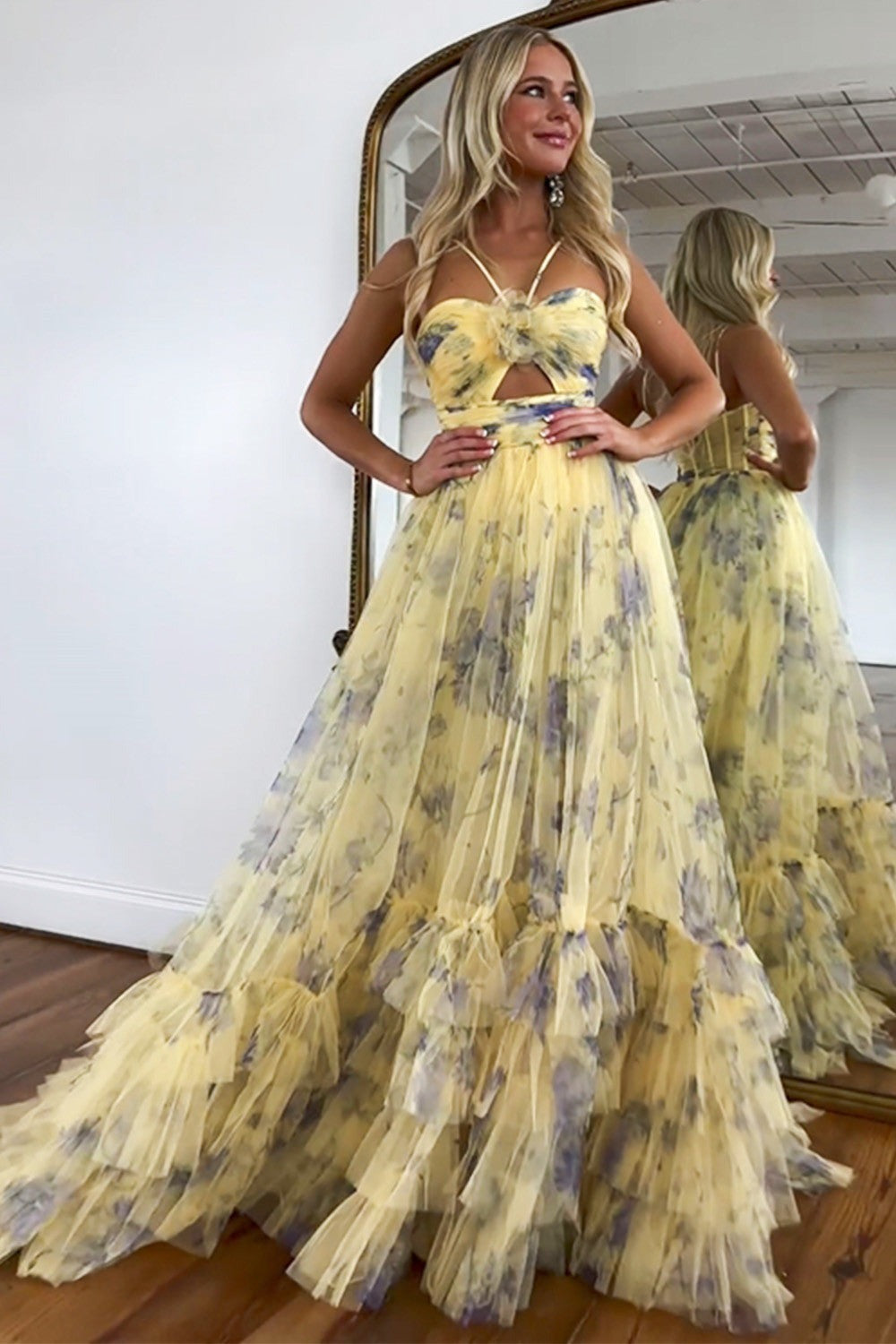 Yellow A-Line Halter Neck Tulle Long Prom Dress