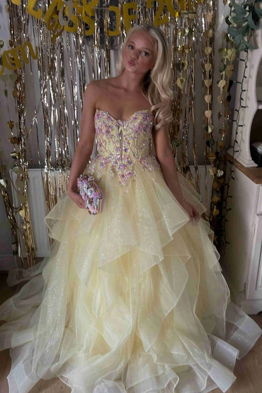 Stunning V-Neck Appliques A-Line Ruffles Long Yellow Prom Dresses