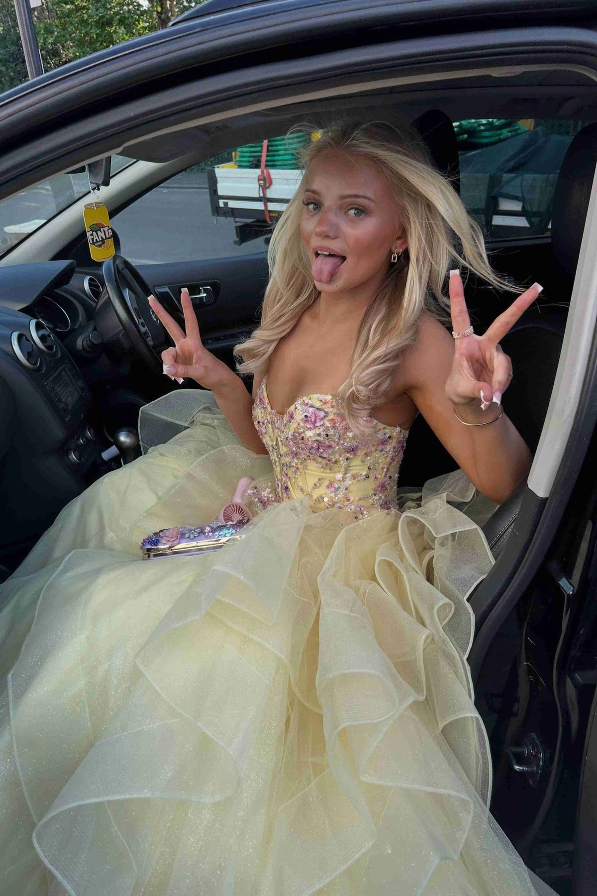 Stunning V-Neck Appliques A-Line Ruffles Long Yellow Prom Dresses