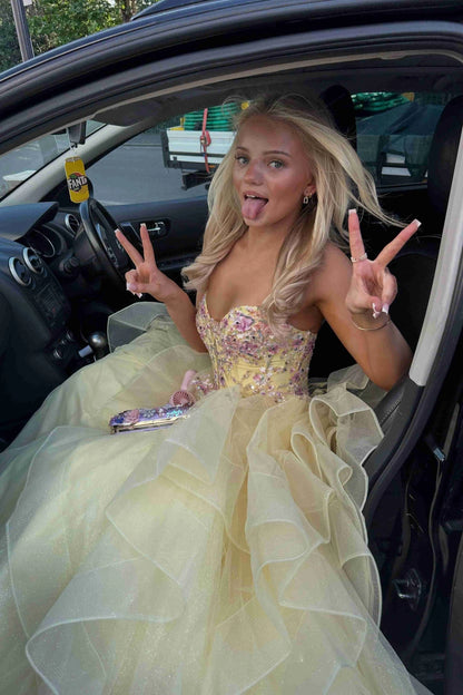 Stunning V-Neck Appliques A-Line Ruffles Long Yellow Prom Dresses
