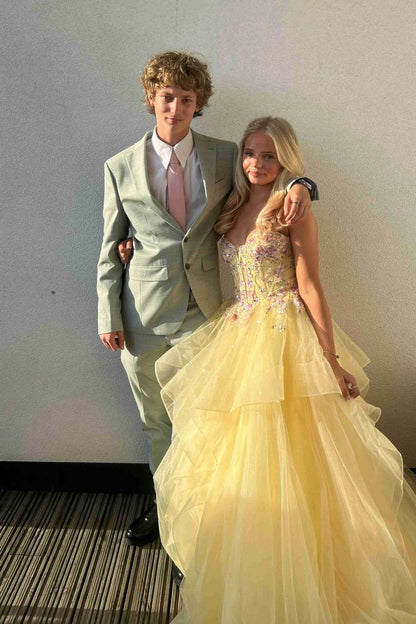 Stunning V-Neck Appliques A-Line Ruffles Long Yellow Prom Dresses