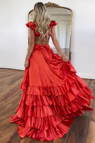 Satin Red A-Line Cutout Waist V-Neck Tiered Prom Dresses