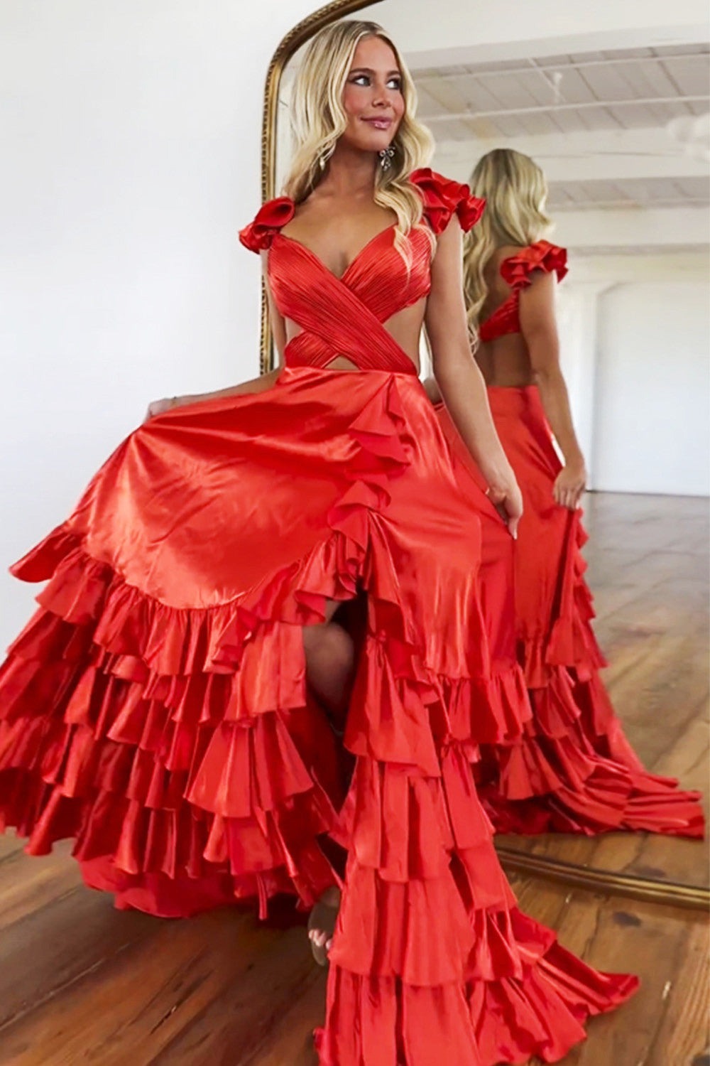 Satin Red A-Line Cutout Waist V-Neck Tiered Prom Dresses
