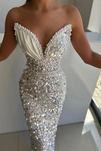 White Pearls Mermaid Low back Sleeveless Sweeheart Prom Dresses