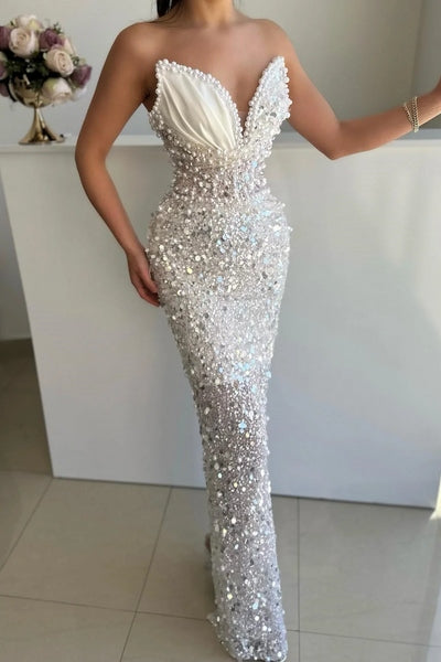 White Pearls Mermaid Low back Sleeveless Sweeheart Prom Dresses